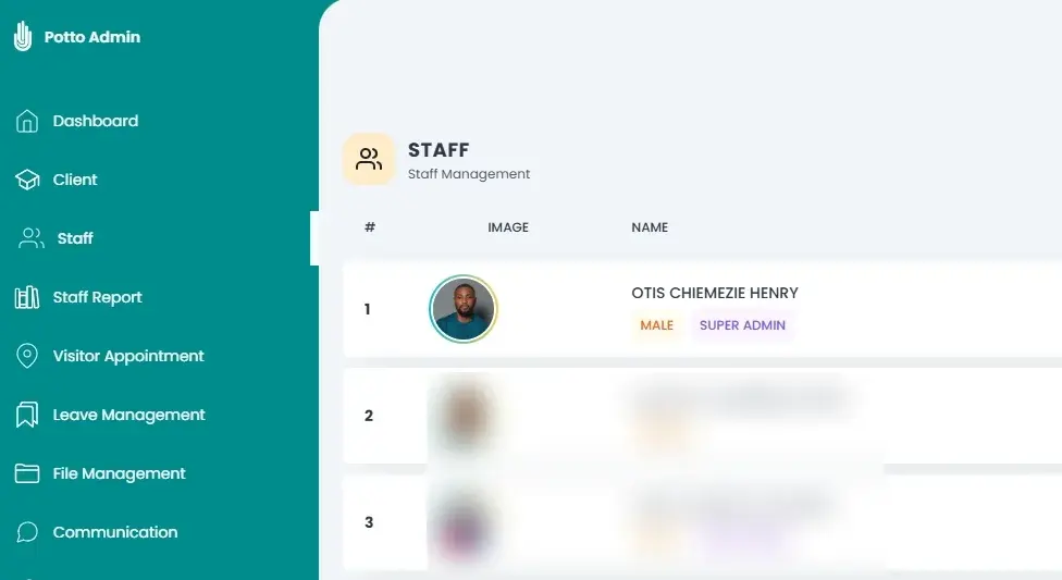 The Staff Management list, showing each staff member's photo, name, gender and role